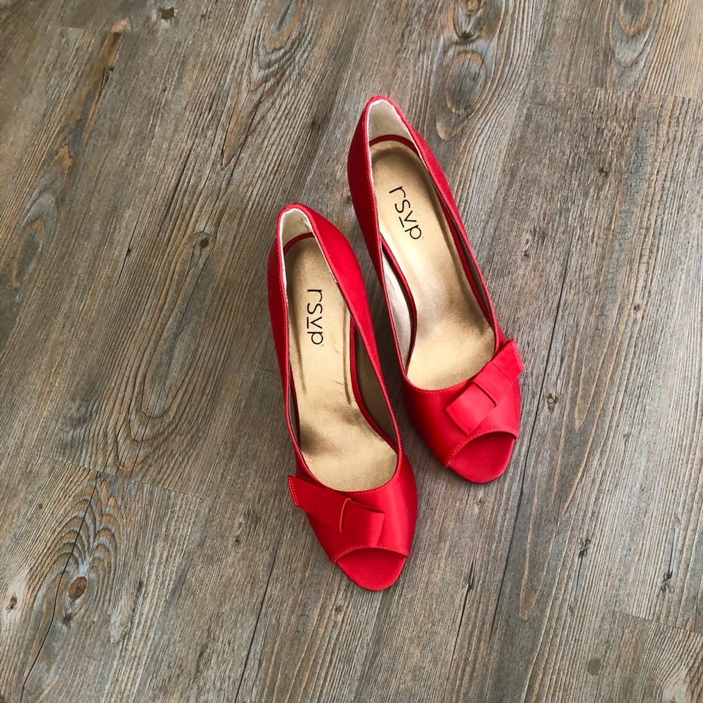 Red Satin Peep Toe Heels